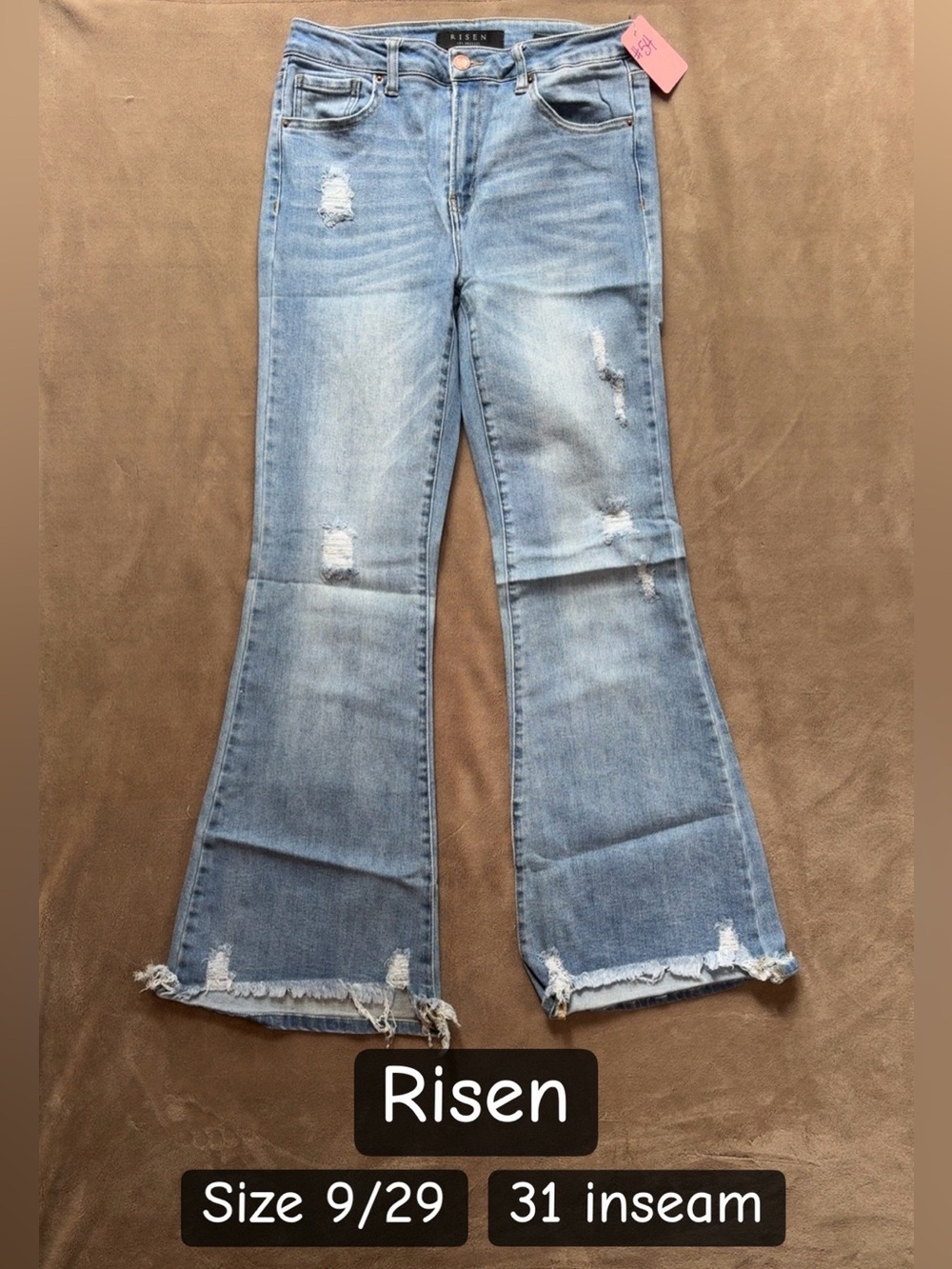 Risen Light Blue Distressed Flare Jeans - High-Rise Wide Leg